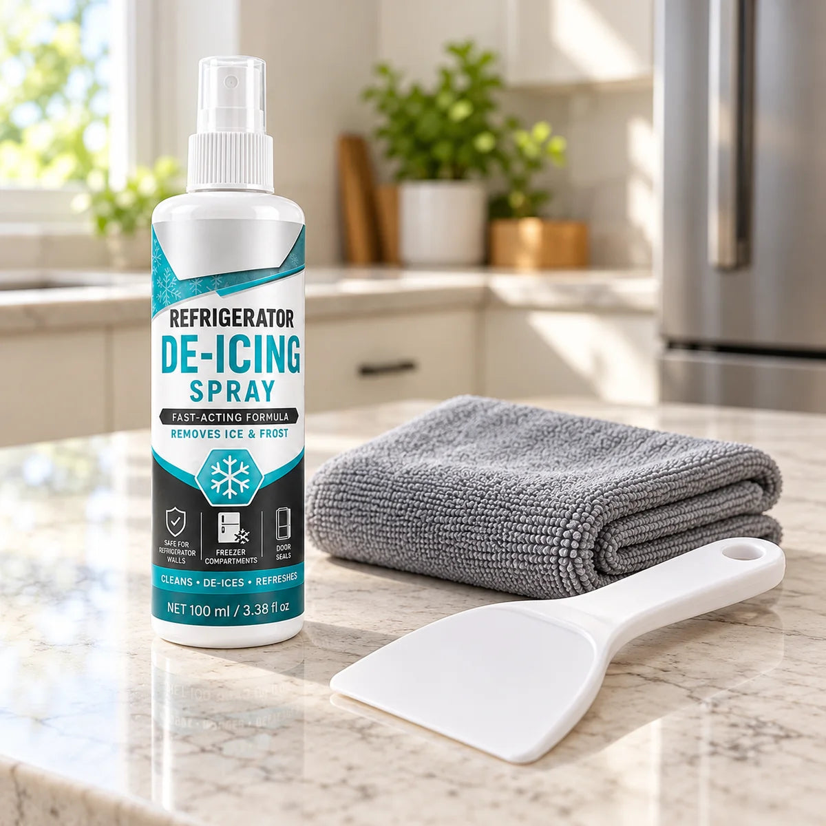 100 ml defrost spray with one plastic scraper and one towel