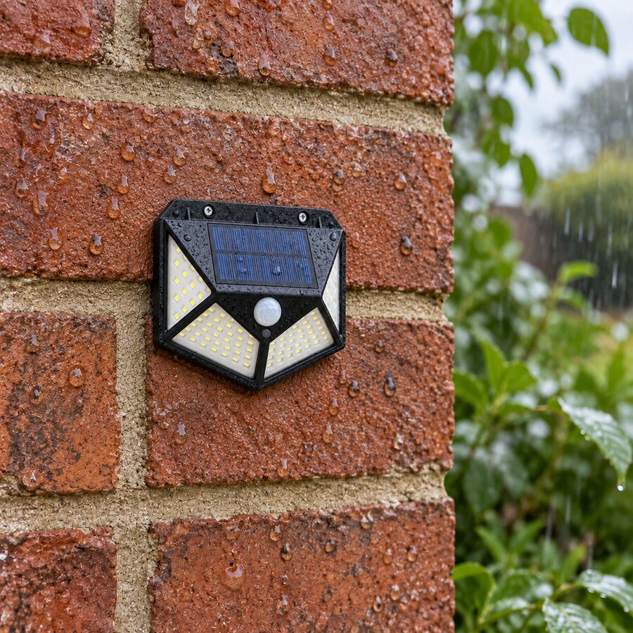 The black solar wall light mounted outside with rain on its housing