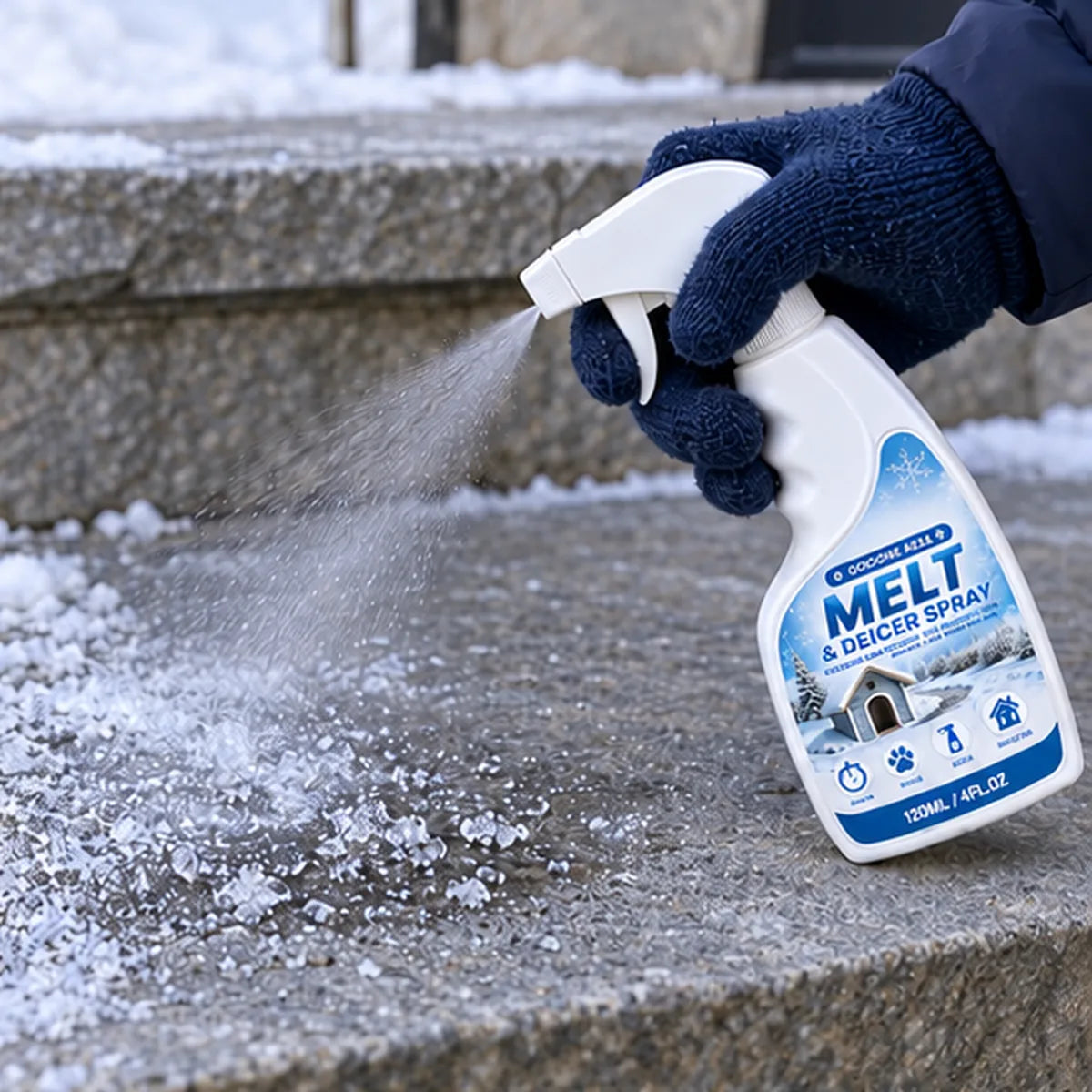 Gloved adult spraying the affected outdoor frost