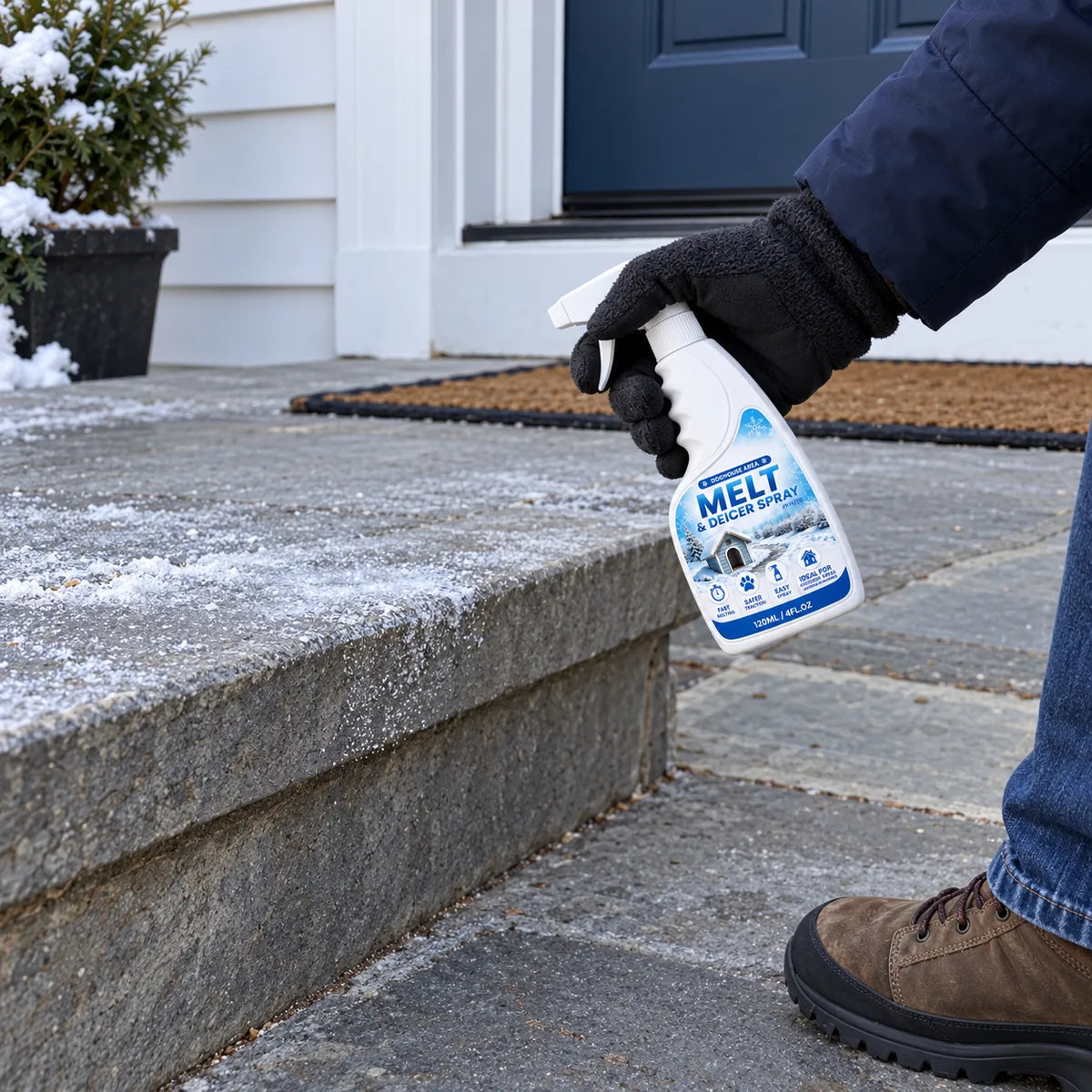 Frost care at the front steps of a home