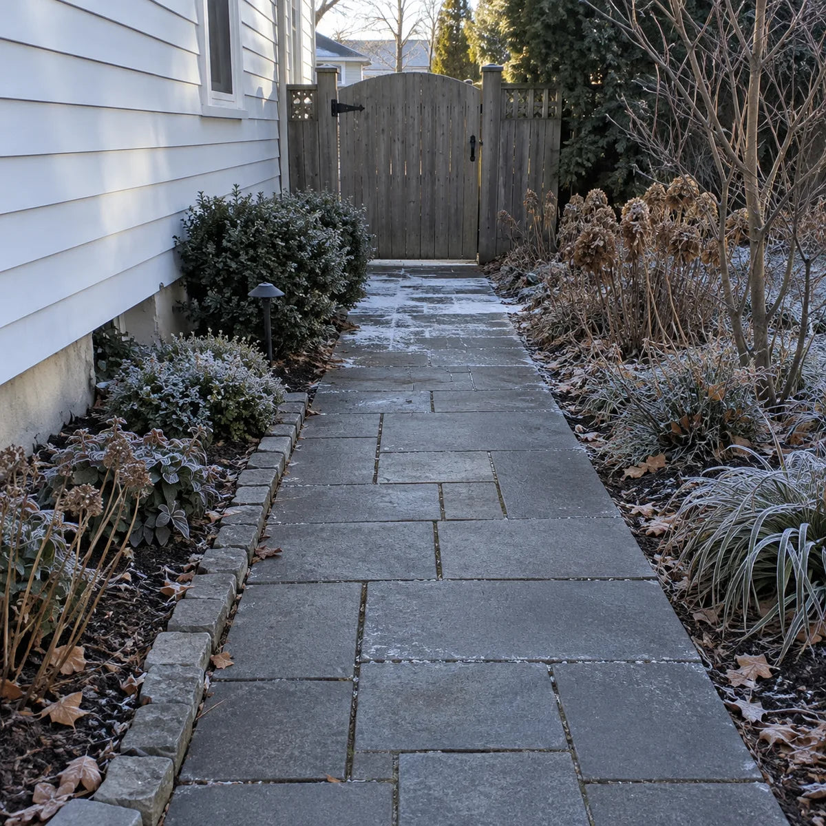 A winter walkway beside a home