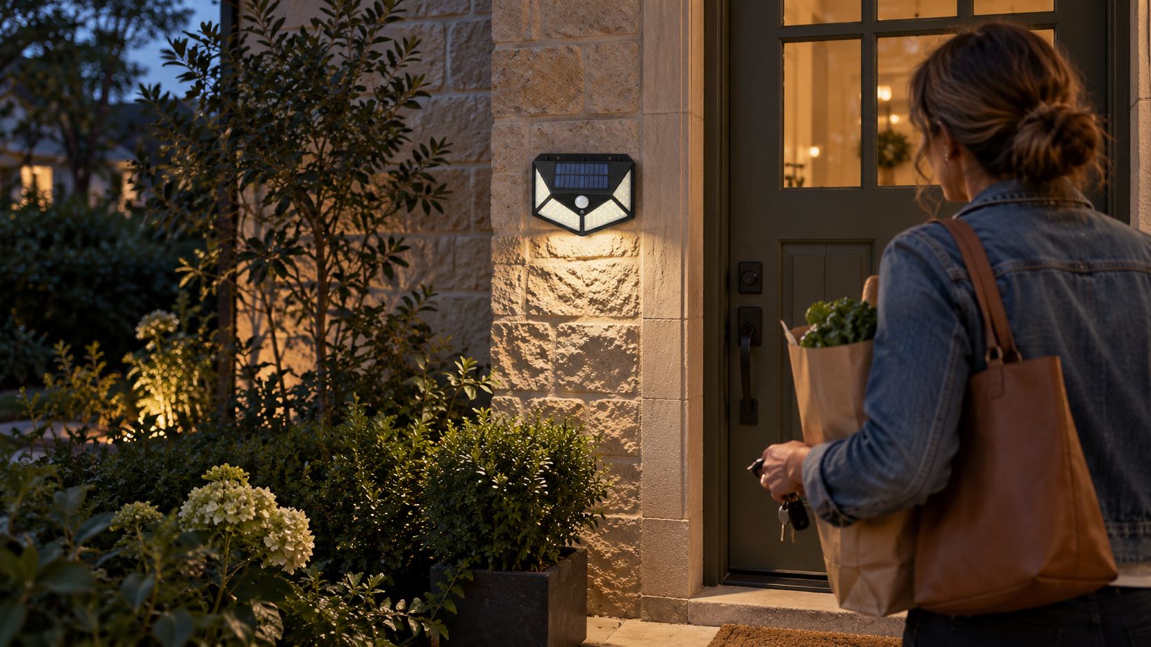 An illustrative evening arrival with a compact solar light beside the front door