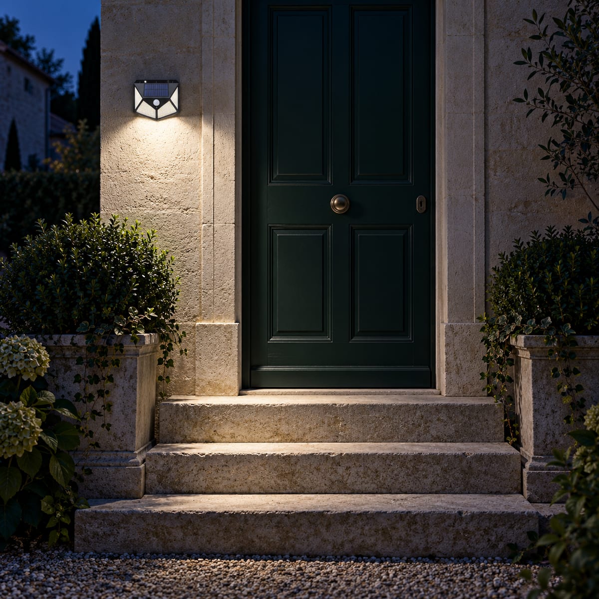 Front steps with light on