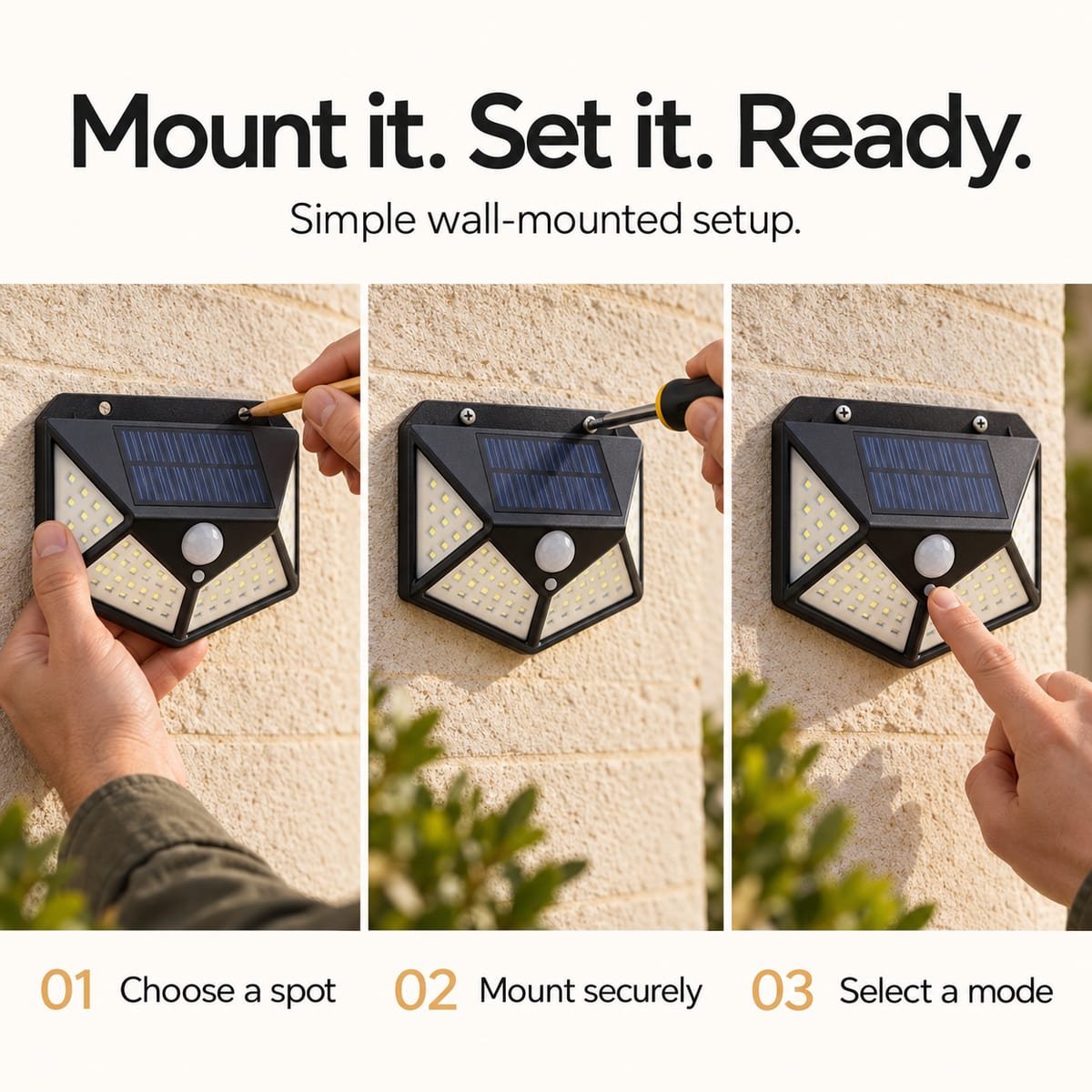Three installation steps: direct sunlight, two top mounting holes and the mode button below the round sensor