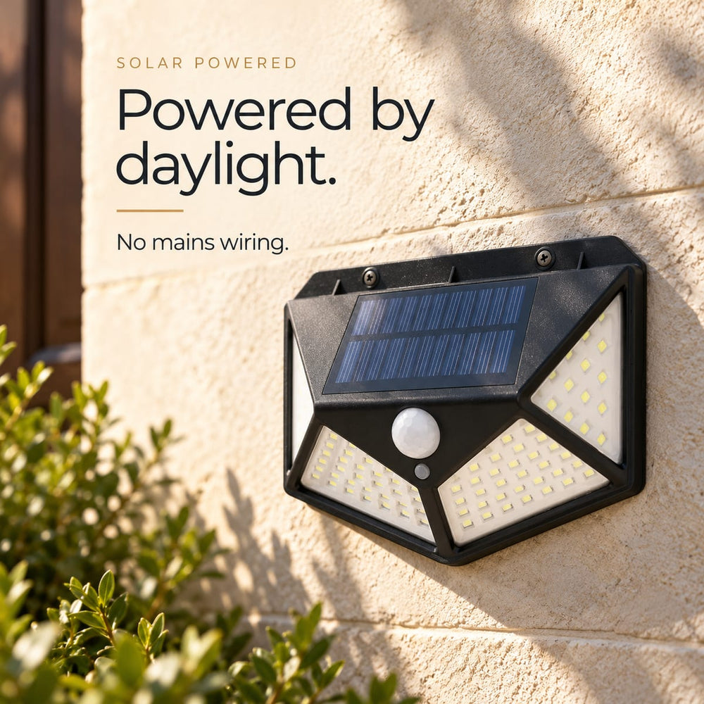 Close view of integrated solar panel and four LED light panels
