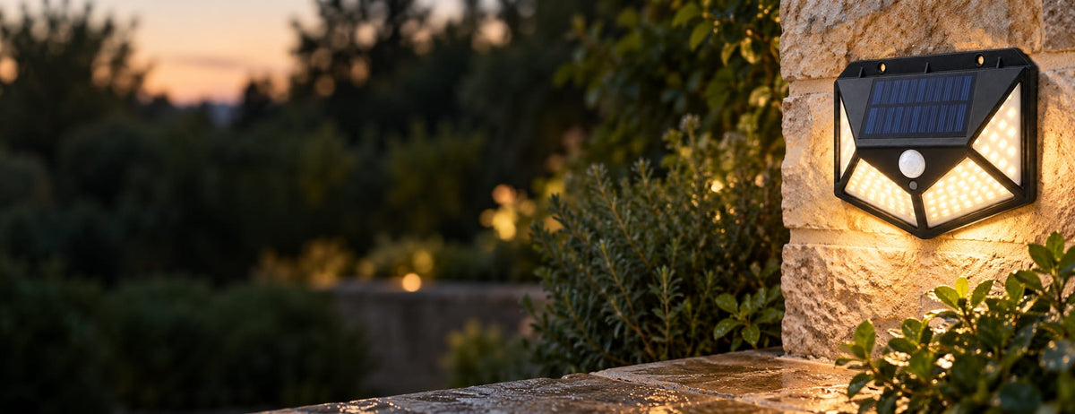 Solar light on a limestone garden wall at dusk