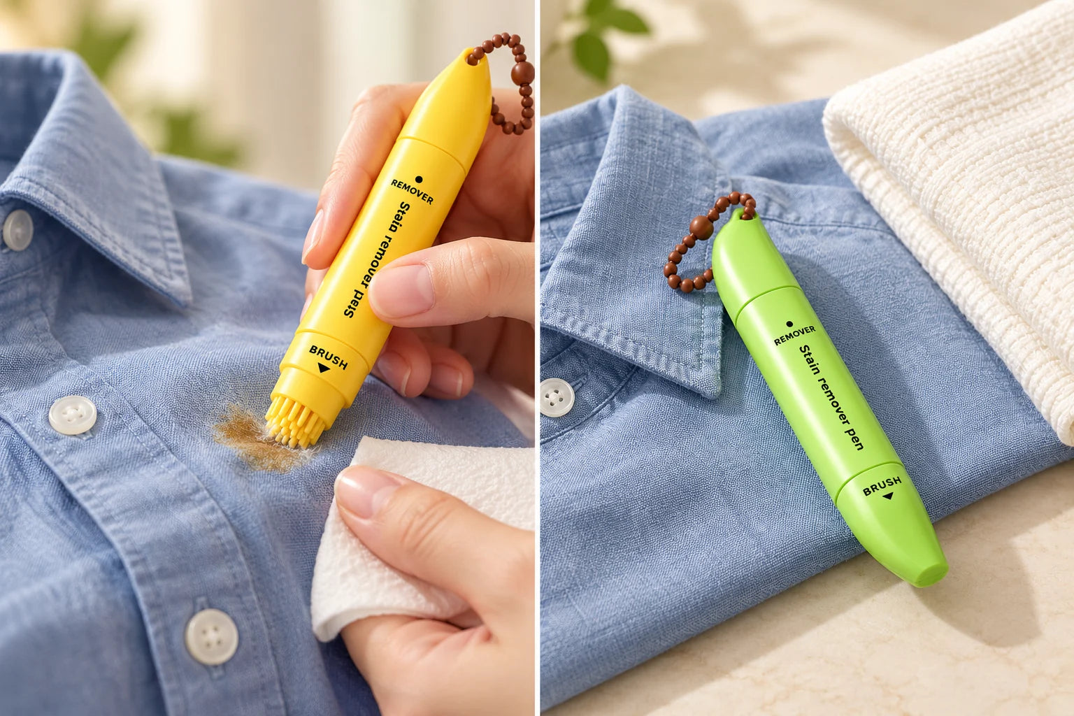 Two views of gentle care on colored fabric and a neat fabric finish