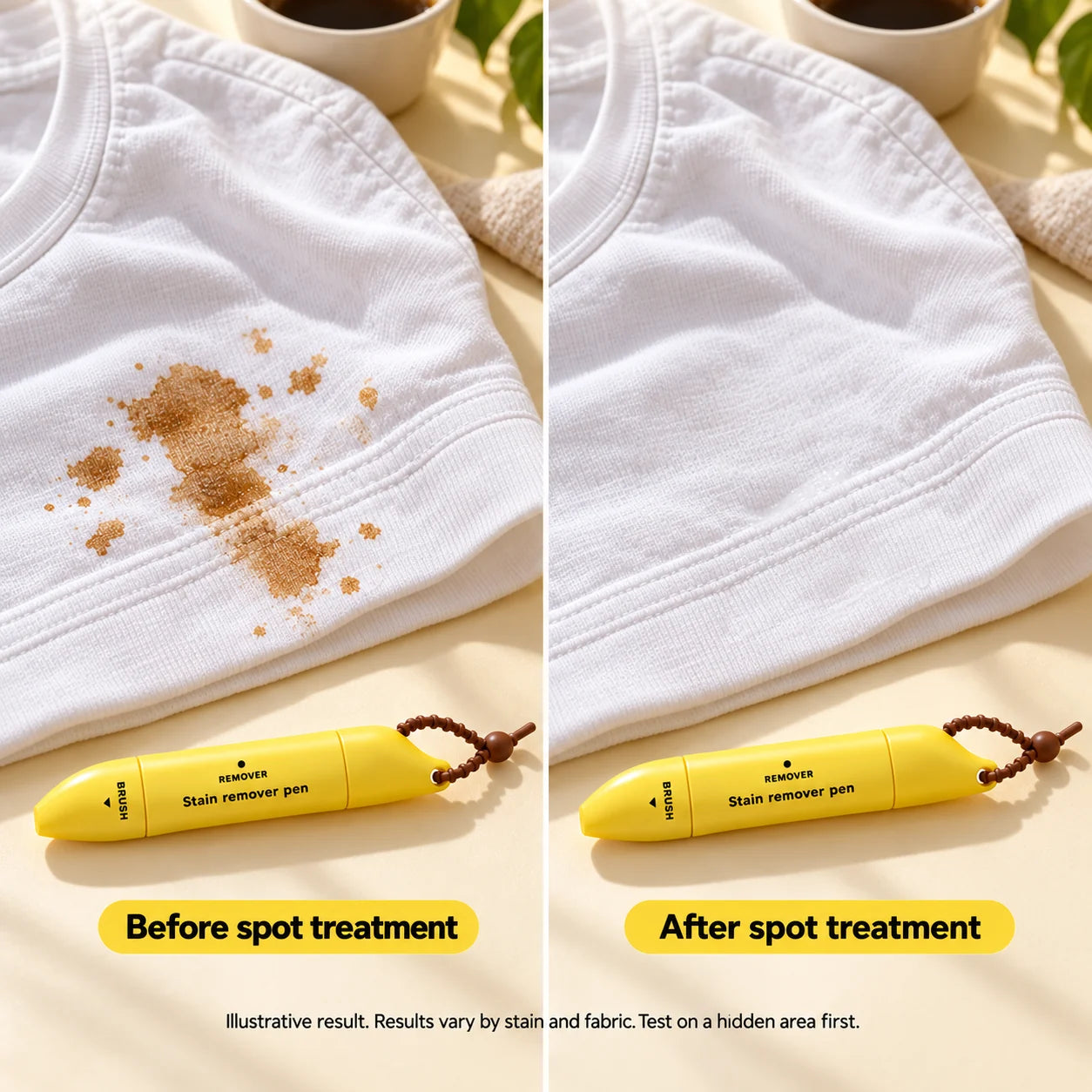 Illustration of a local fabric spot before and after treatment
