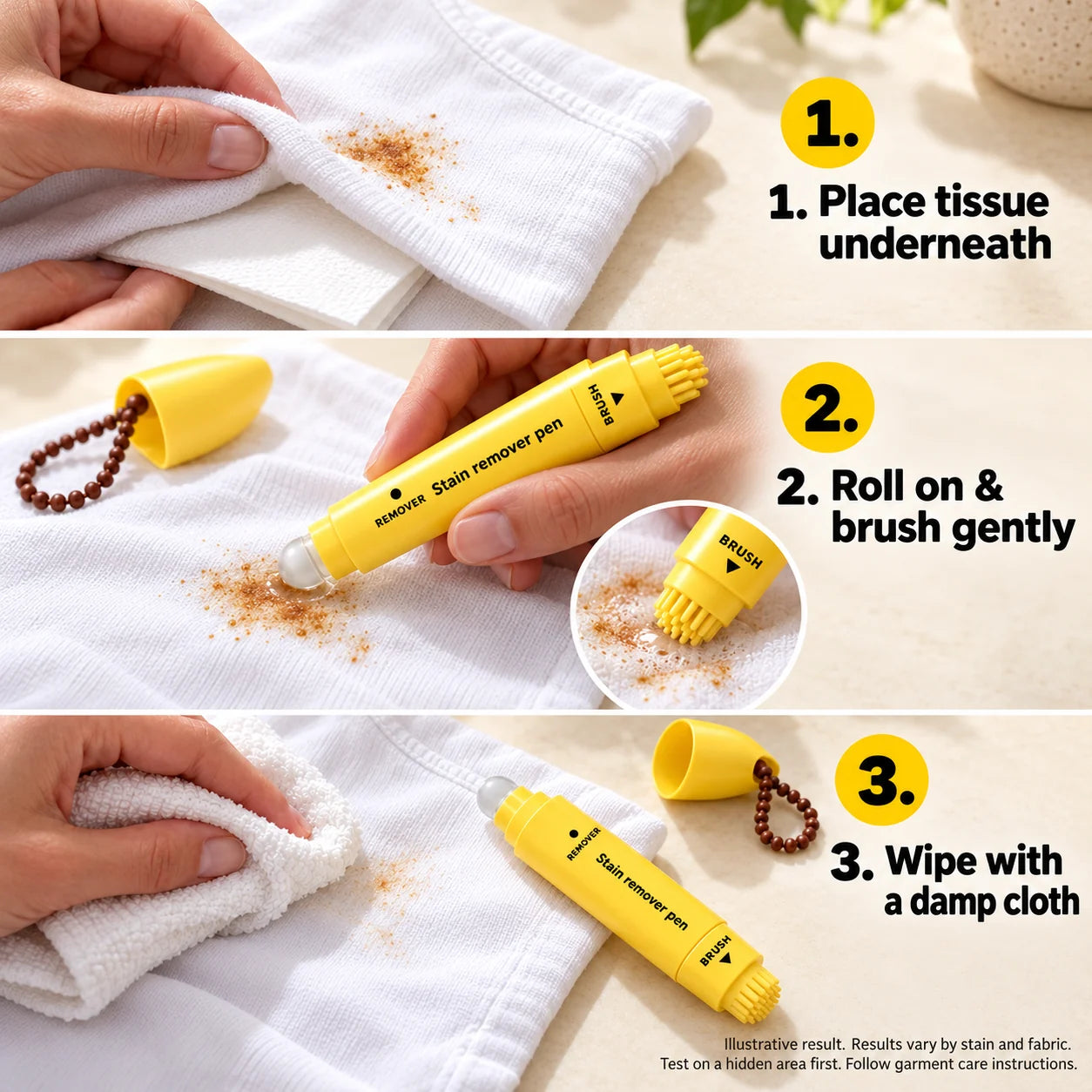 Three steps: tissue underneath, rollerball and silicone brush, then damp-cloth wipe