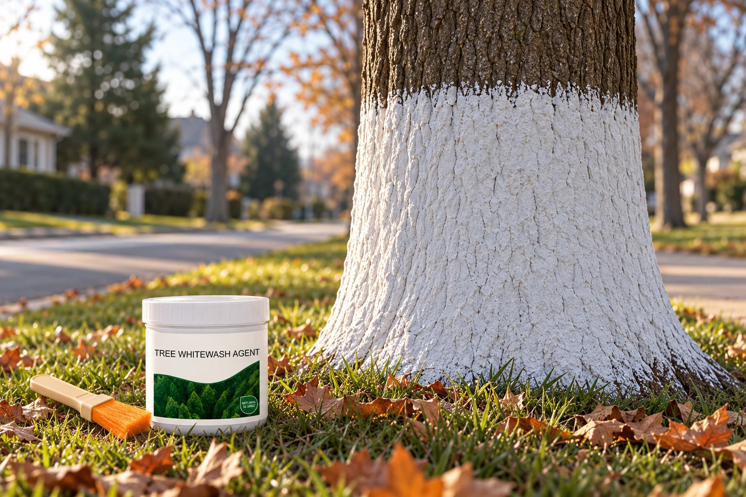 An intact white-coated tree trunk in a seasonal outdoor setting