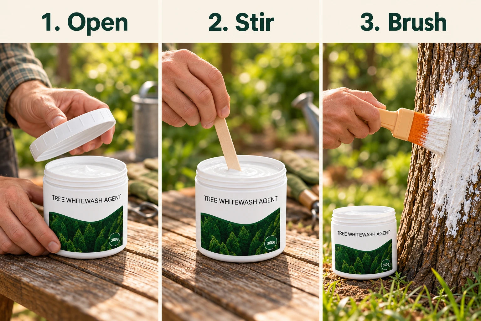 Three illustrated steps: open the tub, stir the coating, brush the trunk