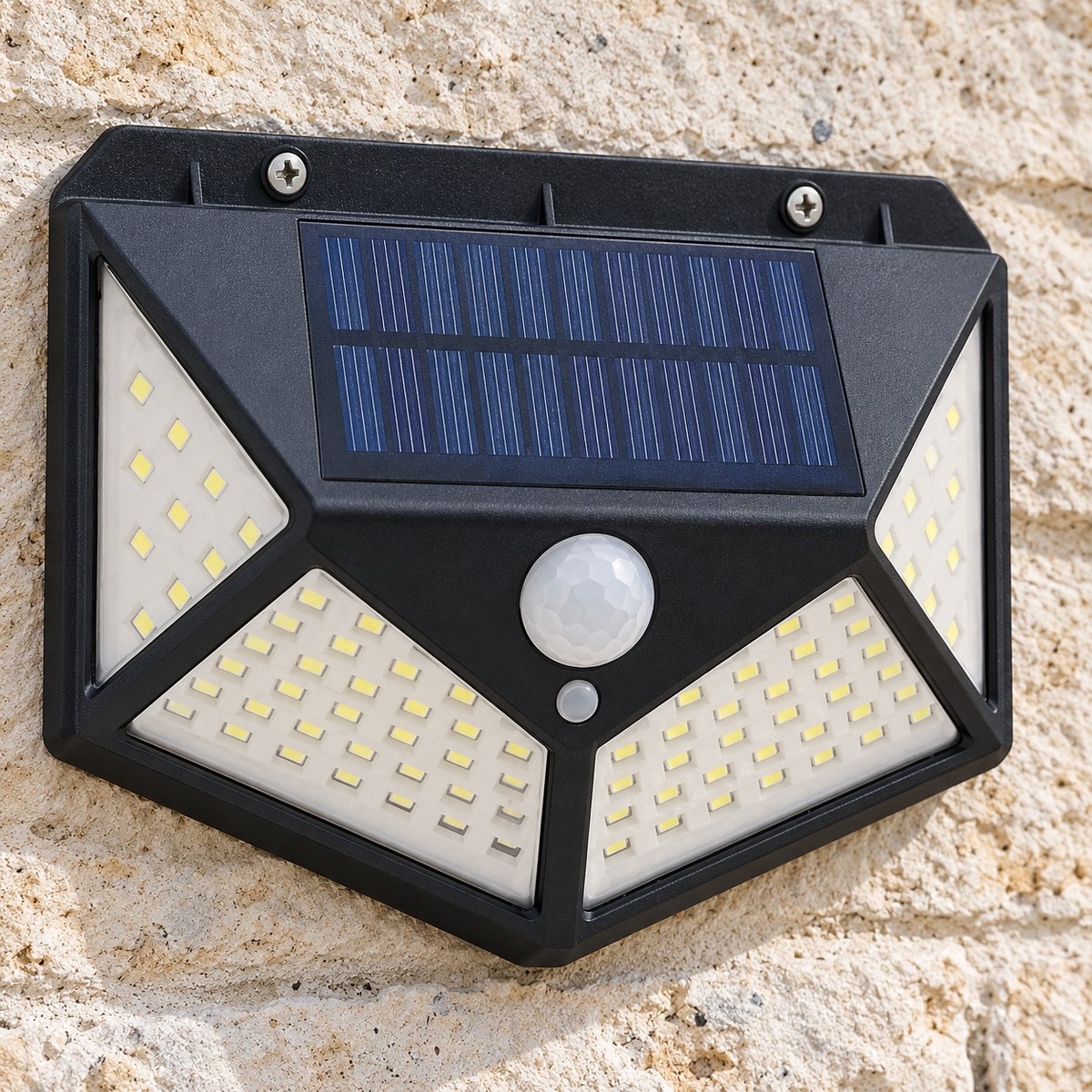 Close detail of the solar panel and motion sensor on the actual light