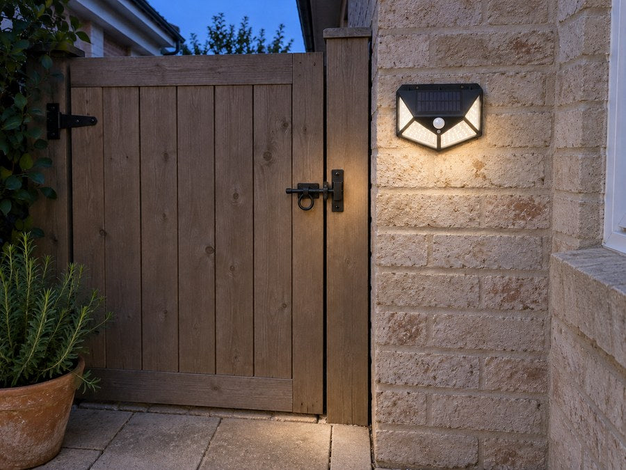 Matching illustrative entrance scene with the solar wall light on