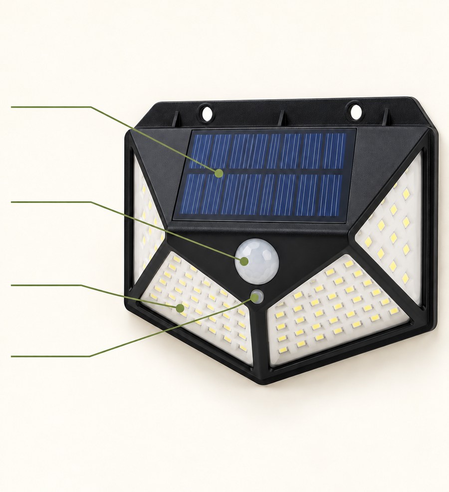 The real solar wall light with numbered callouts identifying the panel, motion sensor, LED faces and control button