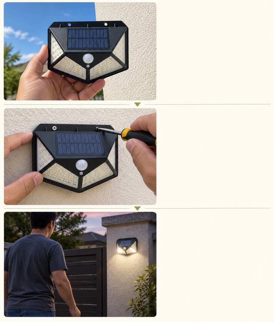 Three illustrative setup scenes: selecting sunlight, mounting the real light, and checking an approach after dark
