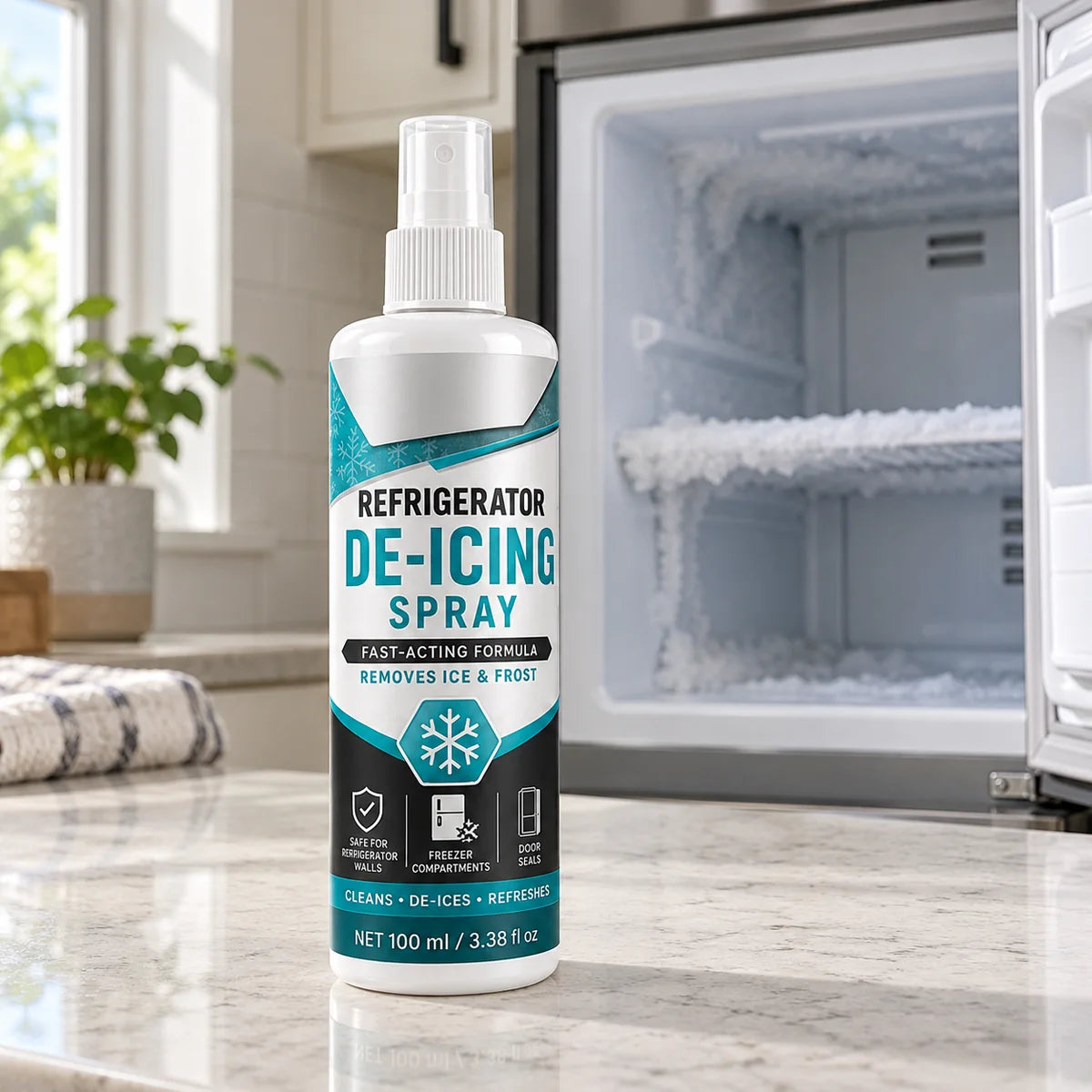 Refrigerator defrost spray beside an empty freezer