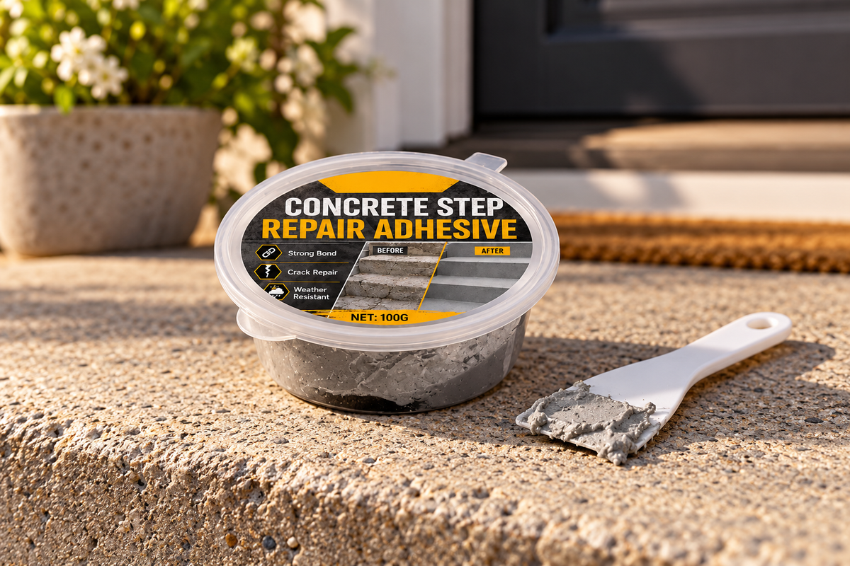 100g repair adhesive and plastic scraper on a concrete doorstep