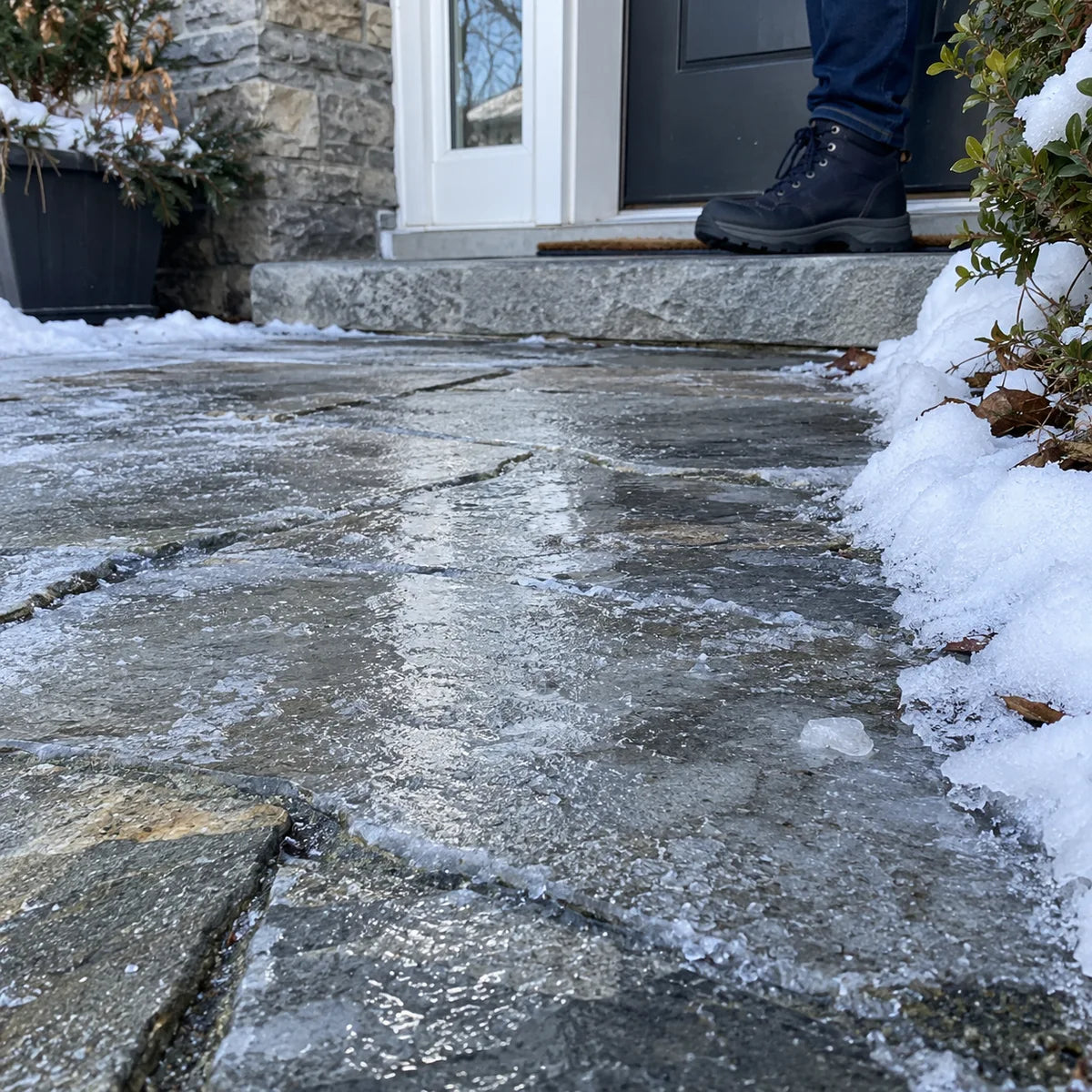 A frosty outdoor entrance before winter care