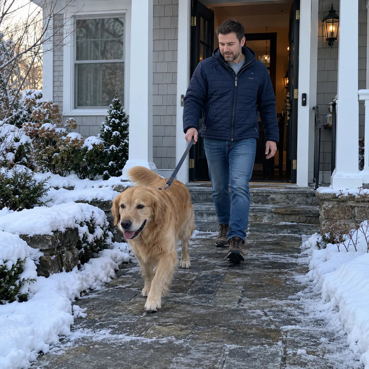Adult and dog leaving a winter home entry as part of an everyday routine