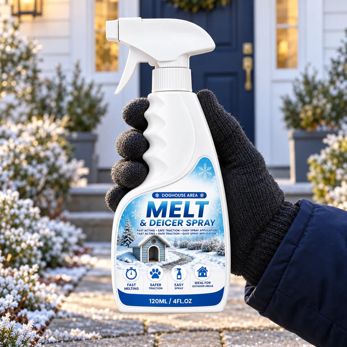 Oxelunari de-icing spray held at a frosty home entrance