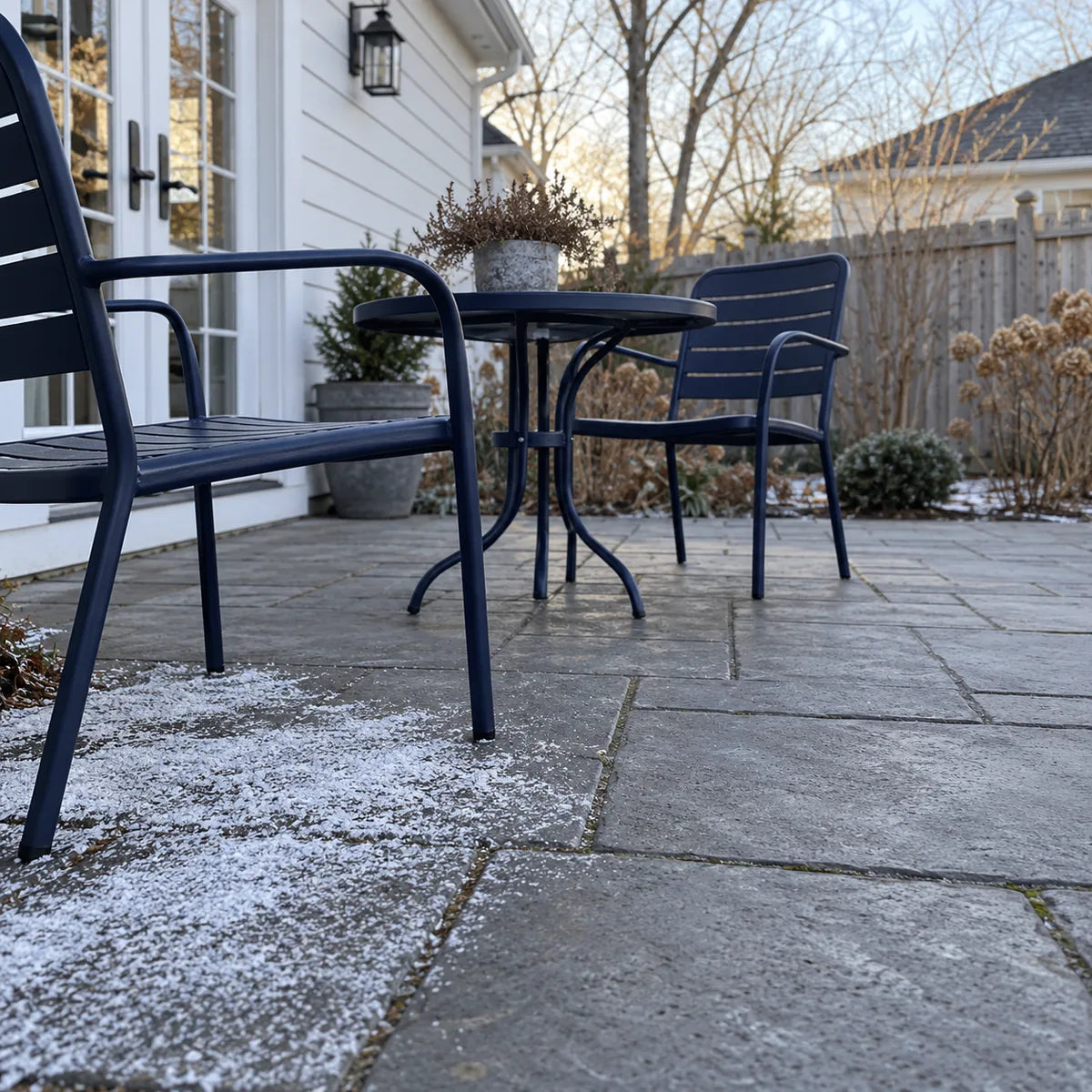 Winter frost care at a residential patio