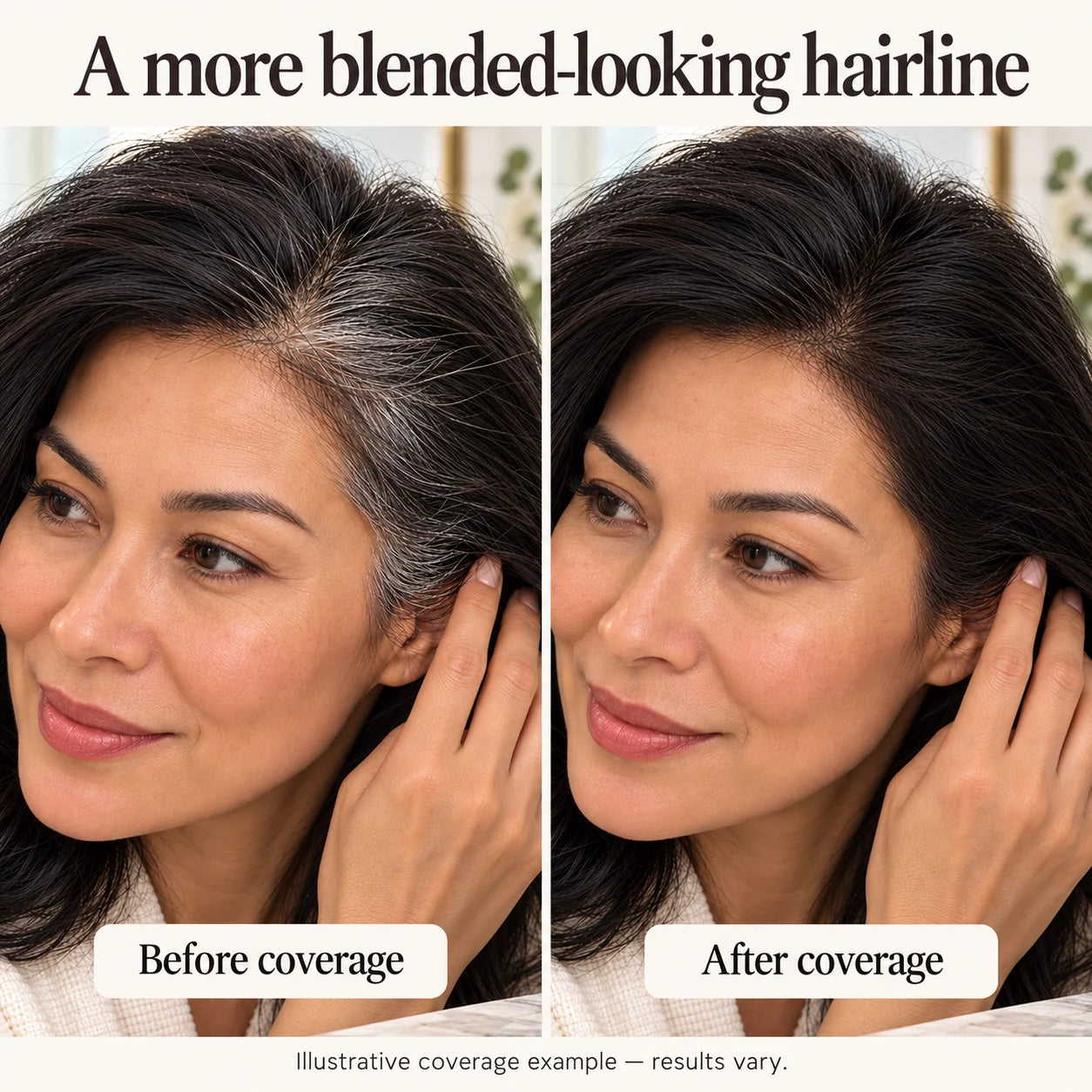 Illustration of visible gray at a hair parting before and after a temporary color touch-up