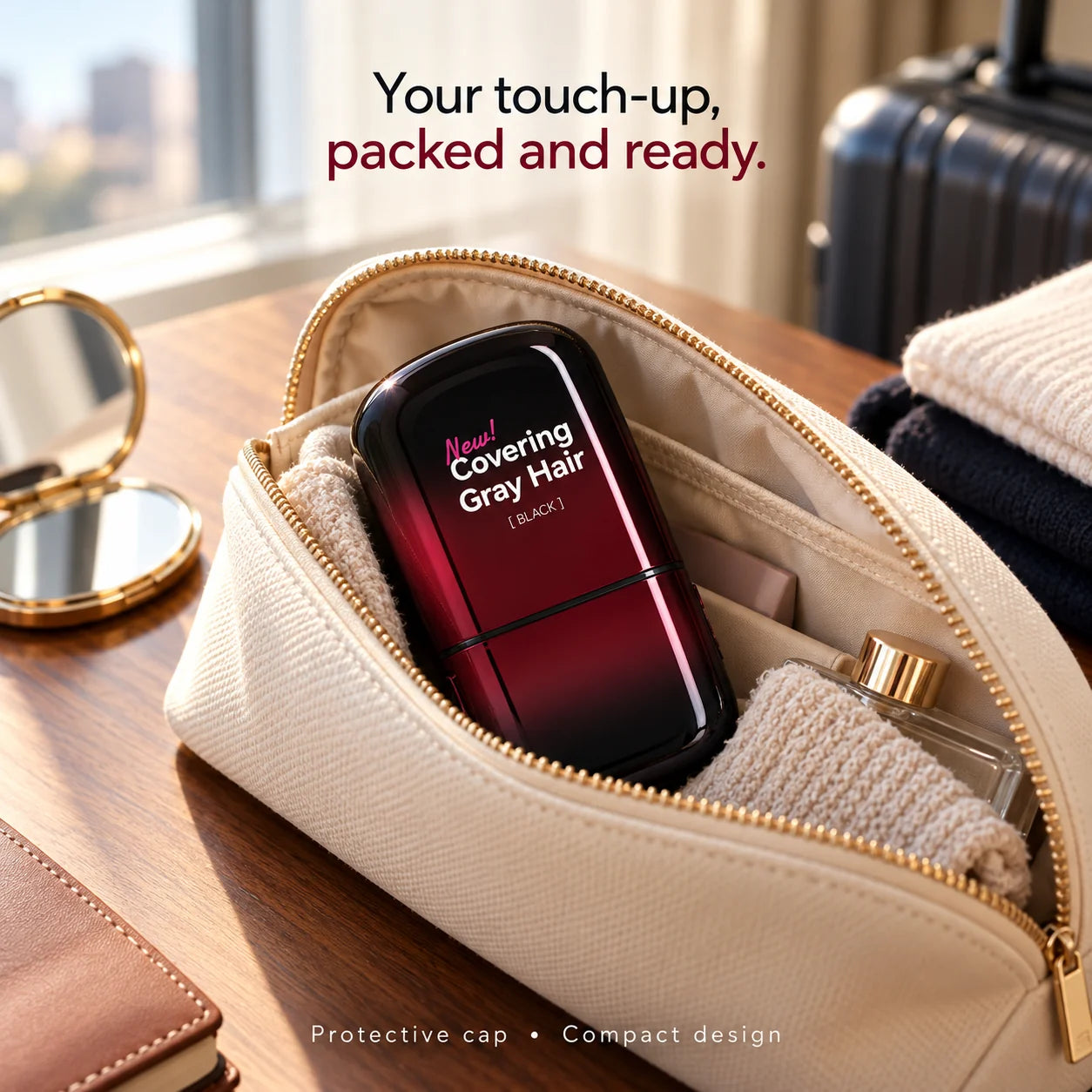 Capped hair color touch-up stick in a travel grooming kit
