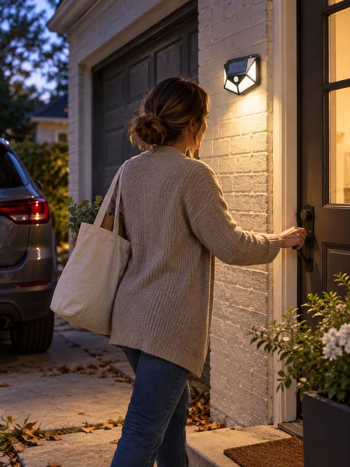 A solar wall light positioned outside near a garage entrance