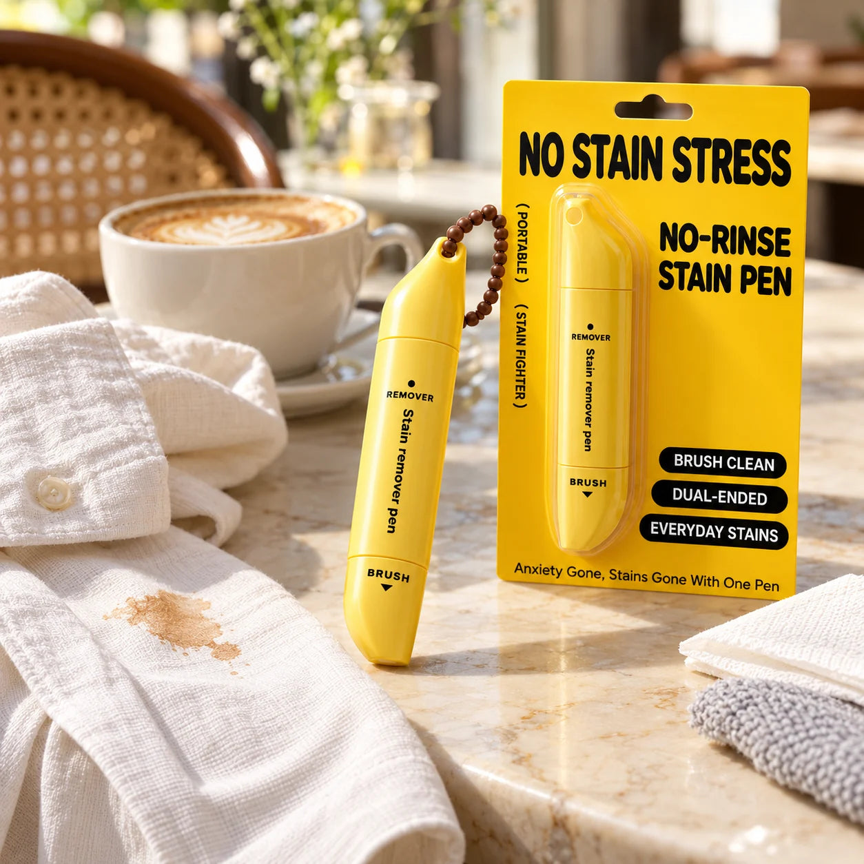 Yellow stain remover pen beside a coffee cup and white shirt in a café