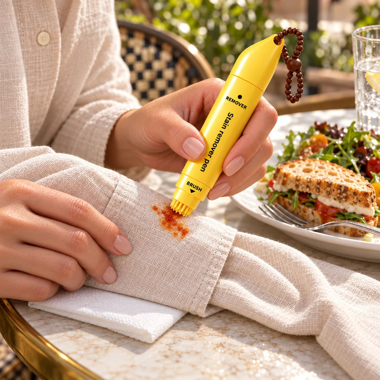 Portable stain pen used for a small spot while dining