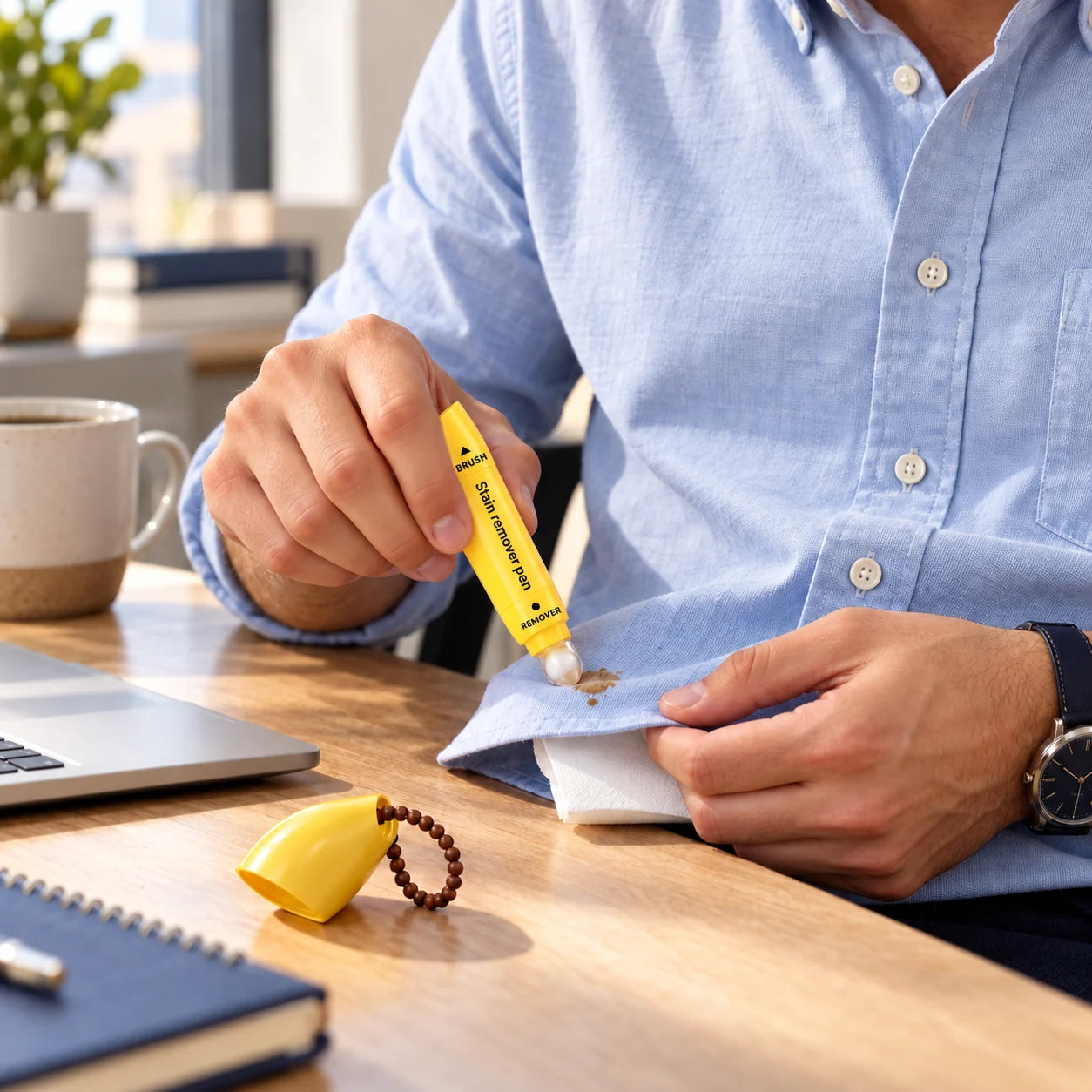 Stain remover pen ready for a coffee spot at an office desk