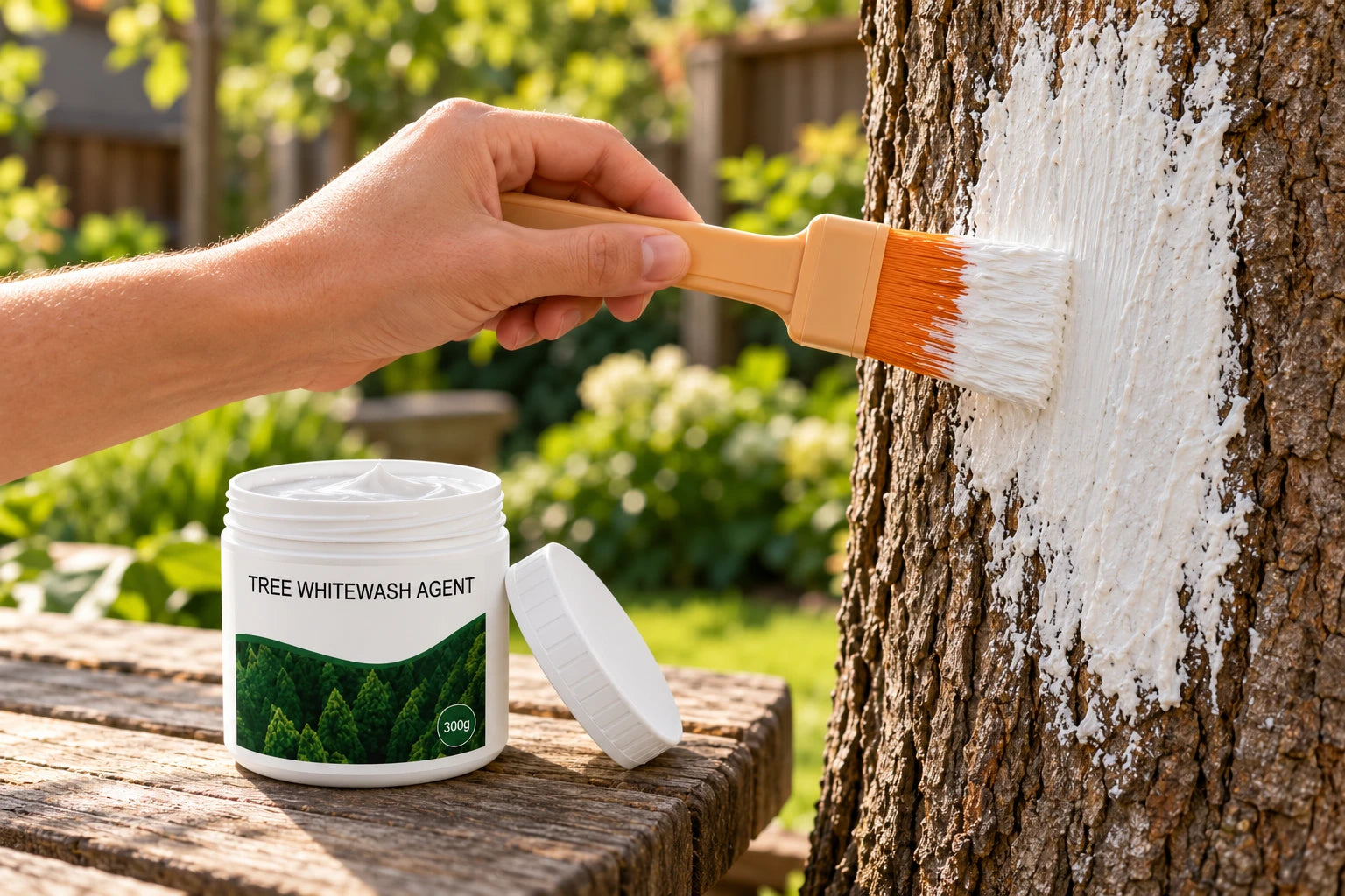 Included brush applying white coating to intact tree bark