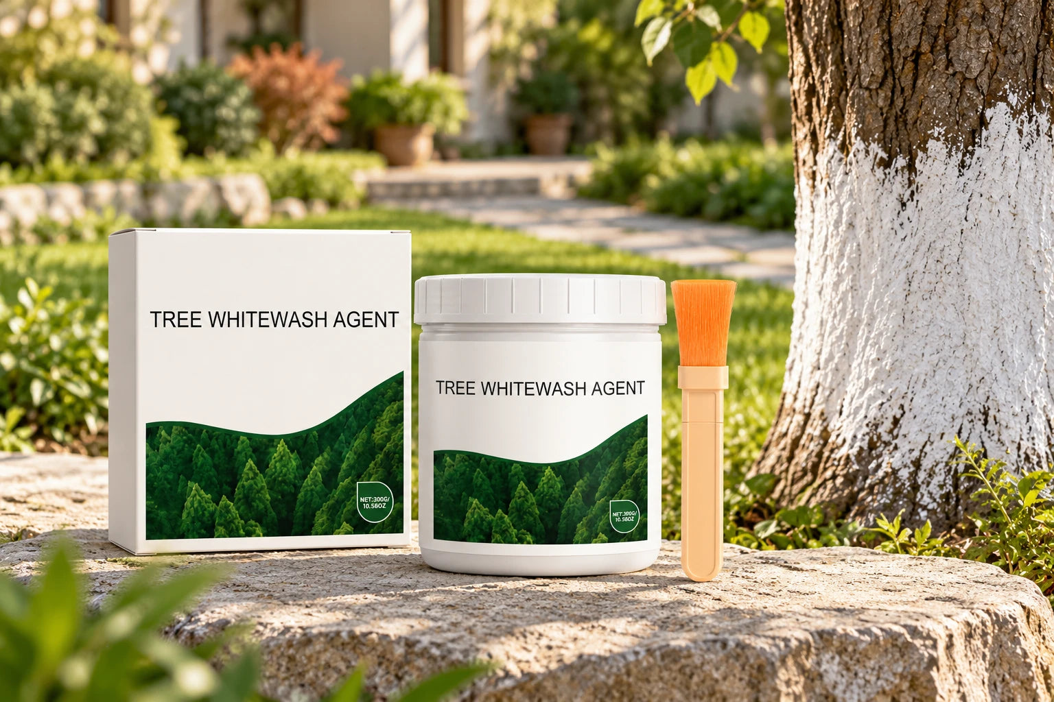 Tree whitewash tub and included brush beside a white-coated tree trunk in a garden setting