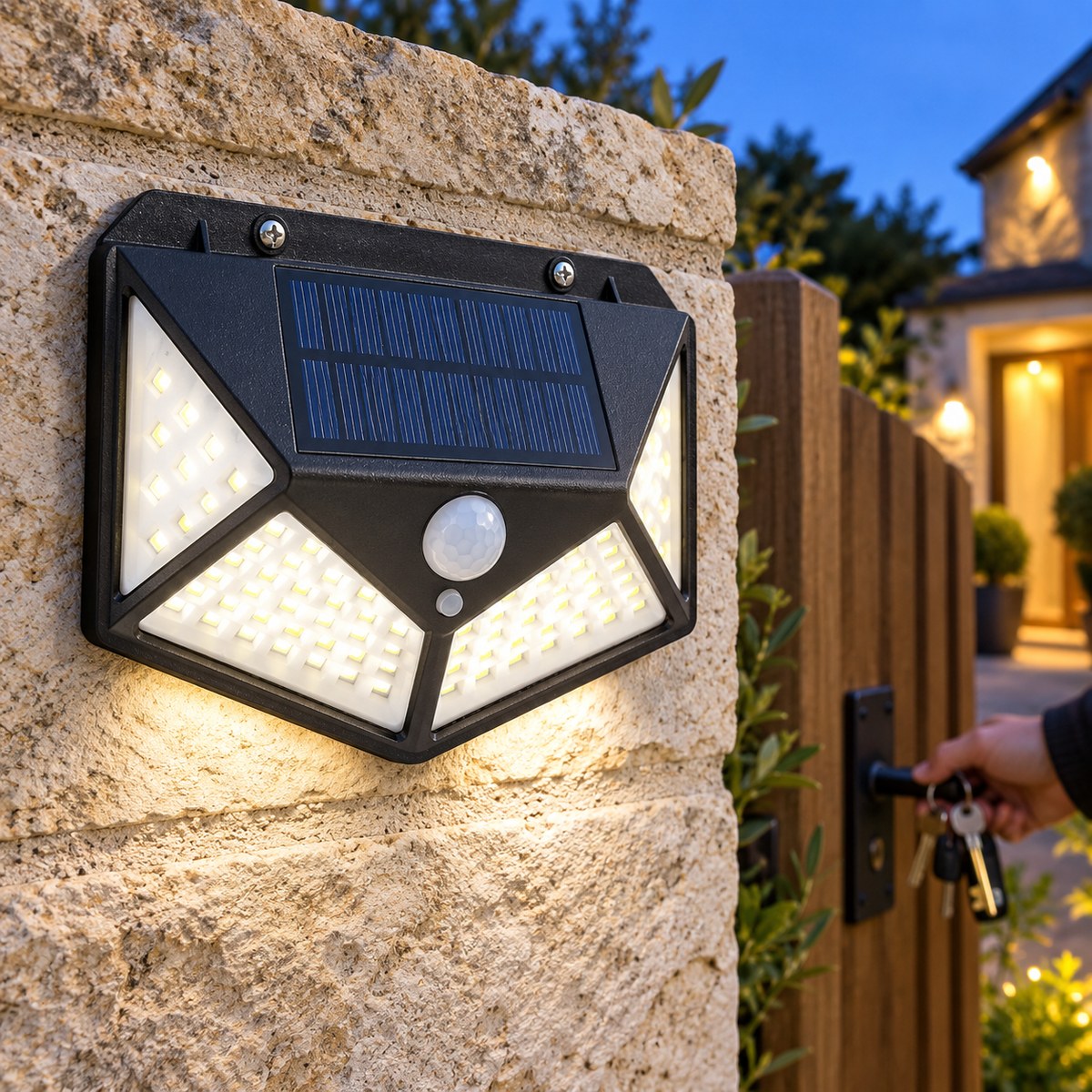Solar motion wall light mounted on a stone gatepost, with an adult opening the gate behind it