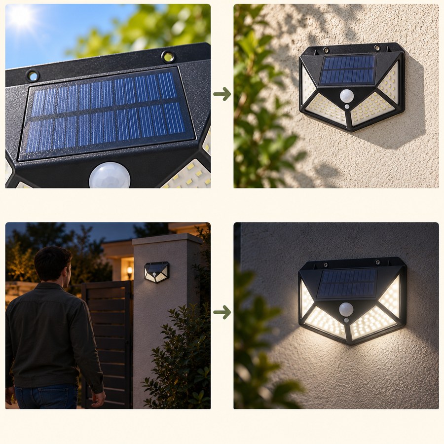 Four illustrative scenes showing daylight, solar charging, an approaching adult and local light