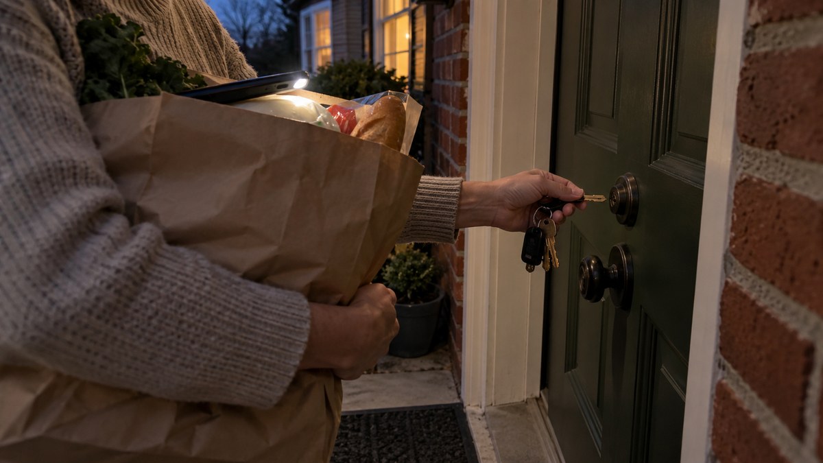 An adult returning with groceries beside a dim side entrance, with a porch light farther away