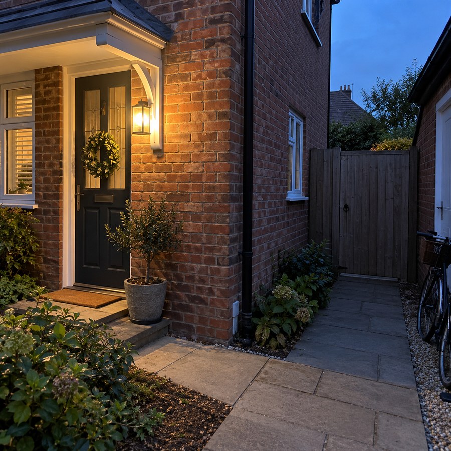 A side gate and route around a home, beyond the main porch light